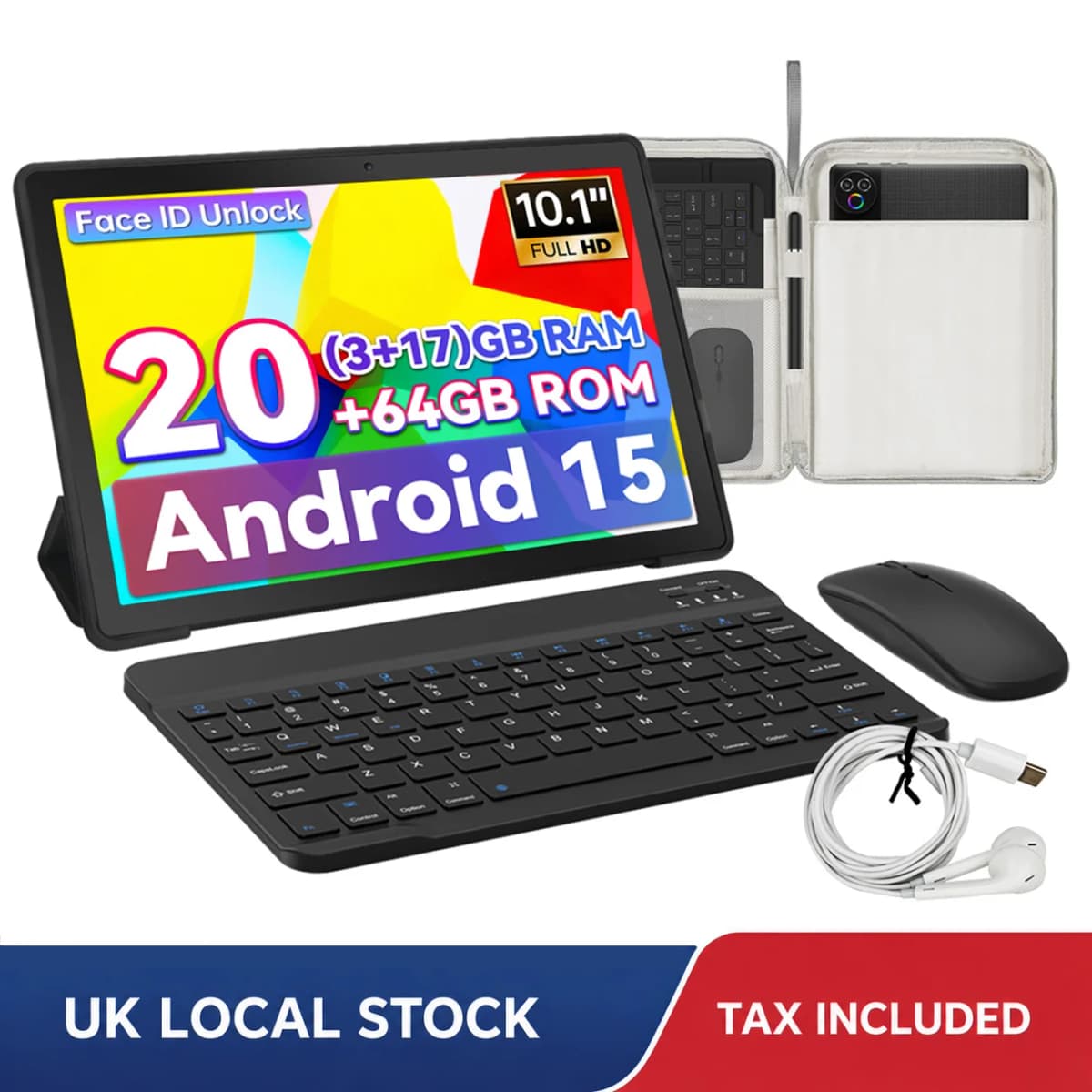 URAO 10.1 Inch Android 15 Tablet PC 20GB RAM 64GB ROM A333 Five Core Processor HD Display WiFi Tablet Computer with Keyboard Mouse Optional Portable Tablet for Study Entertainment UK Local Stock Tax Included