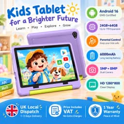 10.1 Inch Kids Tablet 24GB(3+21G) RAM 64GB ROM Android16 GMS Certified A333 Five-Core HD IPS 6000mAh Parental Control With Shockproof Silicone Case Stand Children Learning Tablet PC Purple Blue