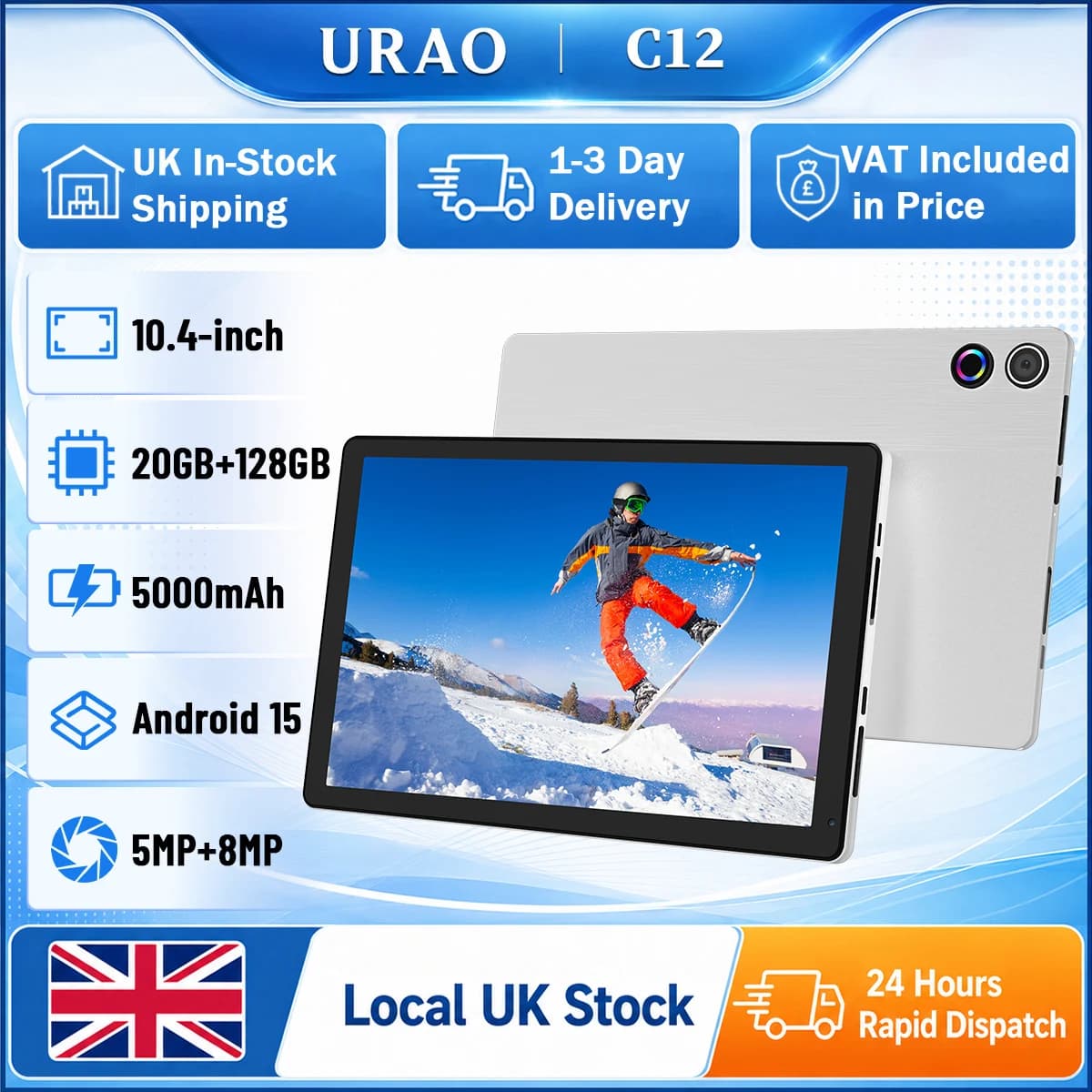 URAO New C12 10.36in A523 Octa-Core Single Tablet Widevine L1 Full HD Streaming Latest Android 15 20GB RAM 128GB Storage 5000mAh Battery Black Silver Ultra Thin Portable Entertainment Tablet For UK No Bundle