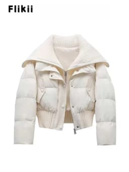 Women Casual Basics Long Sleeve Single Breasted Parkas Chic Short Outerwear Jacket Warm Patchwork Zipper Thick Knitted Coat