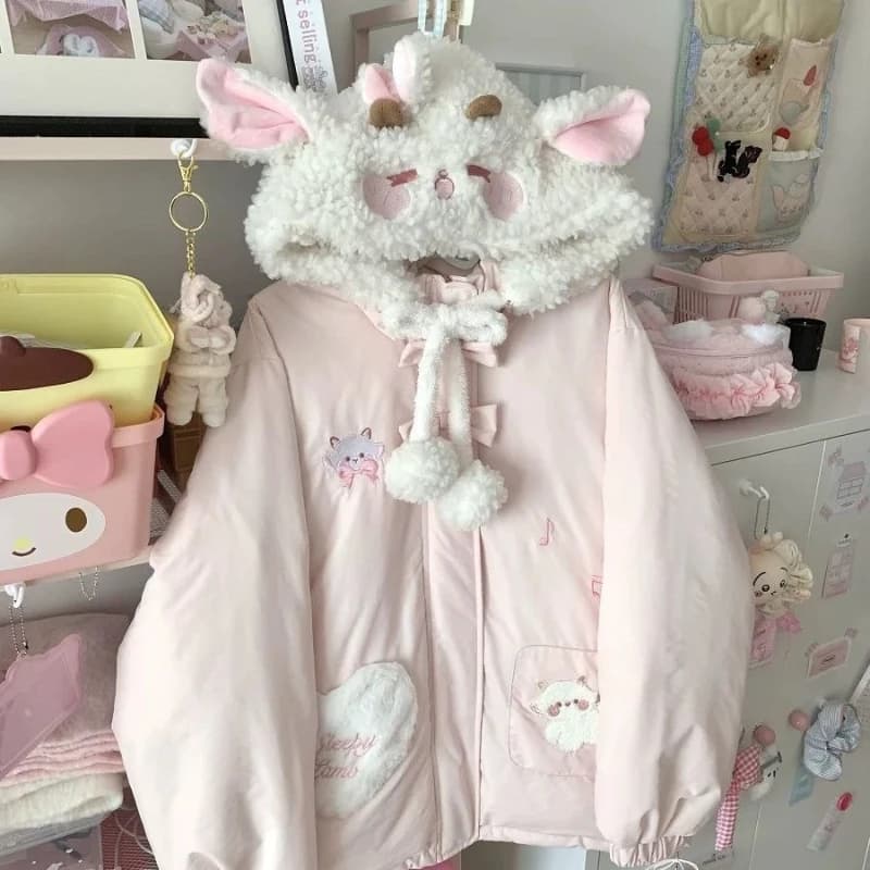 Japanese Kawaii Lolita Style Women Parka Harajuku Zippers Rabbit Ears Hooded Jacket Y2k Aesthetic Velvet Lined Down Padded Coat