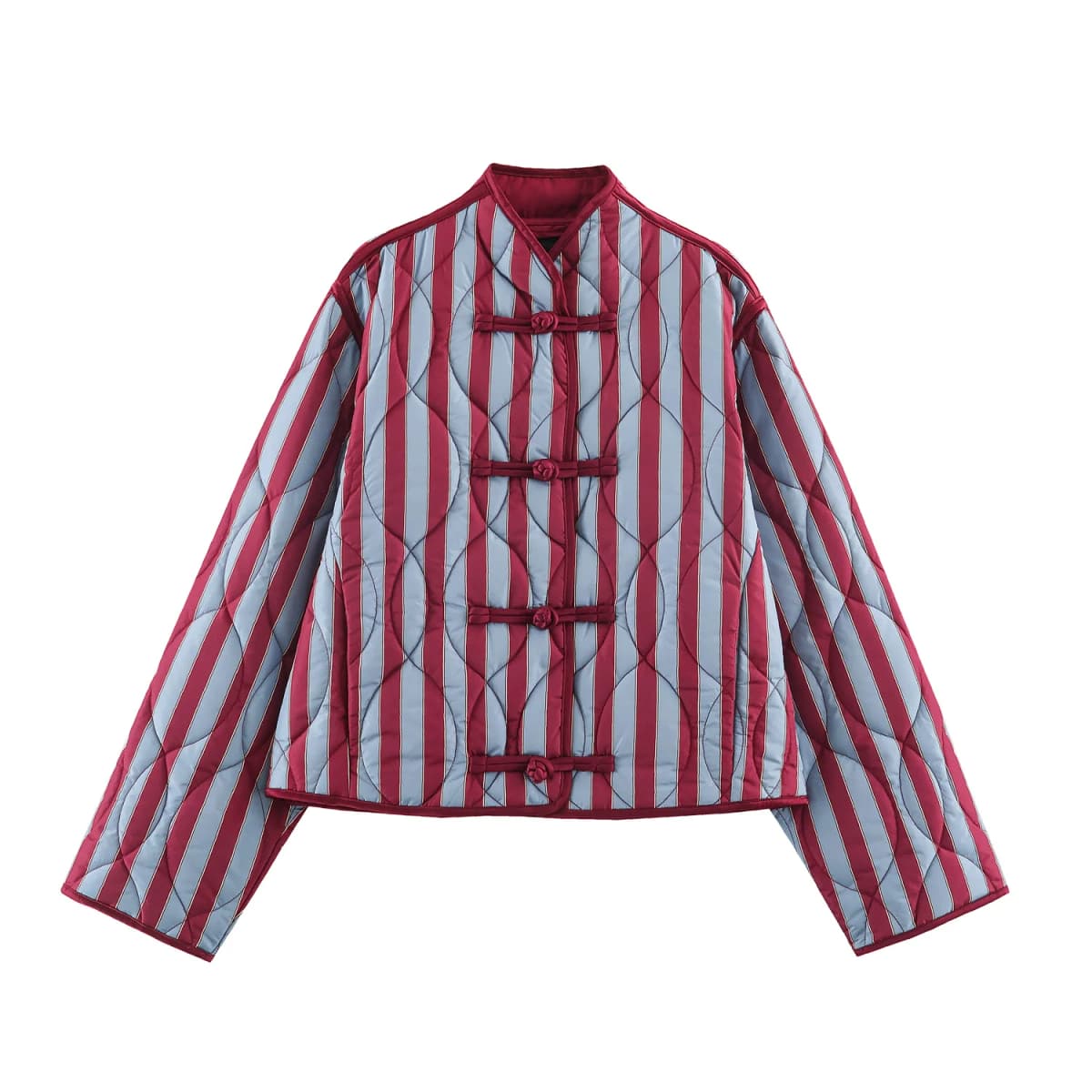 2026 Autumn Winter Women's Elegant Striped Warm Padded Parkas Coats Lady Vintage Chinese Knotted Buttons Loose Pocket Jackets