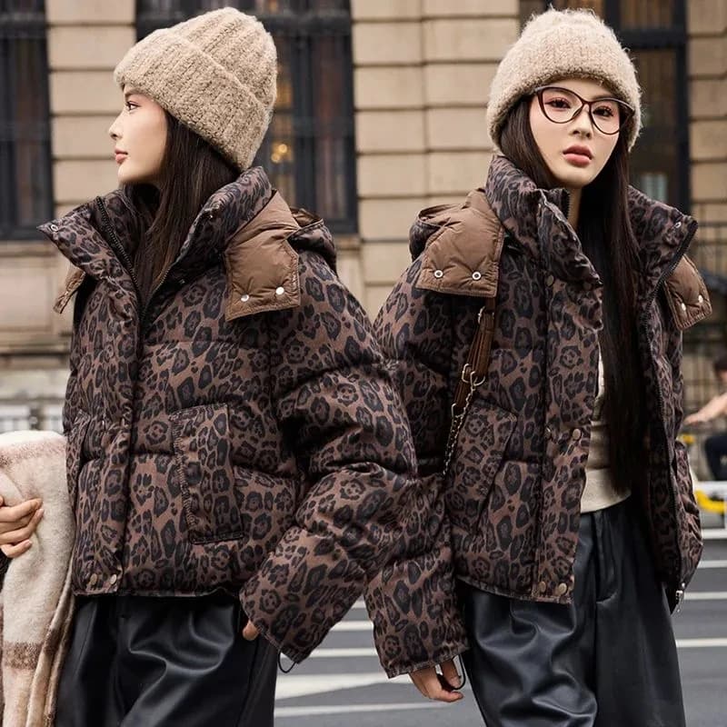 Leopard Print Down Cotton-Padded Jacket Women's Parkas Winter 2027 New Warm Cotton Coat Fashion Outwear Hooded Female Overwear