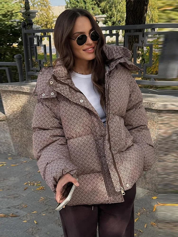 Women Swirl Print Hooded Puffer Jacket Stand Collar Zip Up Long Sleeve Loose Bubble Quilted Coat 2026 Winter Casual Warm Jackets
