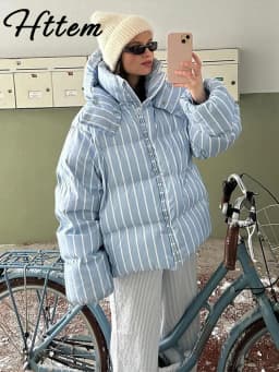 Casual Stripe Women's Padded Jacket Fashion Hooded Zipper Warm Thicken Lady Coats 2025 Autumn Winter Female Street Outwear New