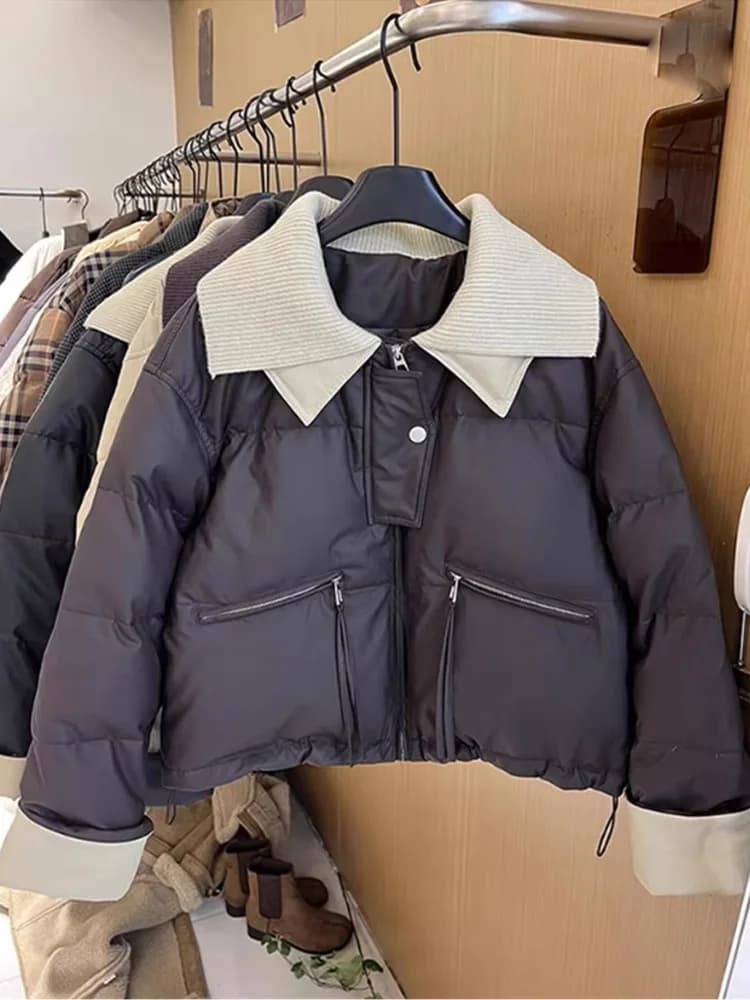 2025 Women Coffee Black Short Parkas Thicken Warm Long Sleeve Lapel Cotton Padded Coat Vintage Winter Student Jacket Streetwear