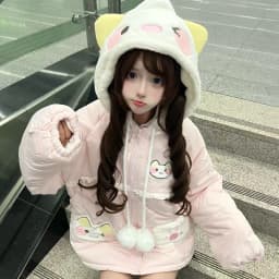 Japanese Kawaii Cartoon Embroidery Parkas Coat Women Sweet Plush Ball Cat Ears Hooded Jackets Y2k Winter Warm Lolita Padded Tops