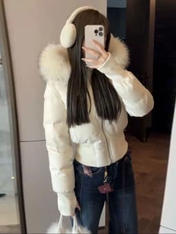 Women's Slim Fit Cotton Jacket Hooded Coat Pink Velvet Big Fur Collar Winter New Style Warm Outerwear Zipper Closure Short Le...