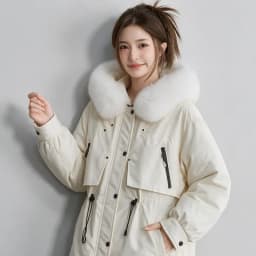 Women Winter Hooded Parka Big Faux Fur Collar Drawstring Waist Midi Padded Coat Korean Style Windproof Pocket Warm Outerwear