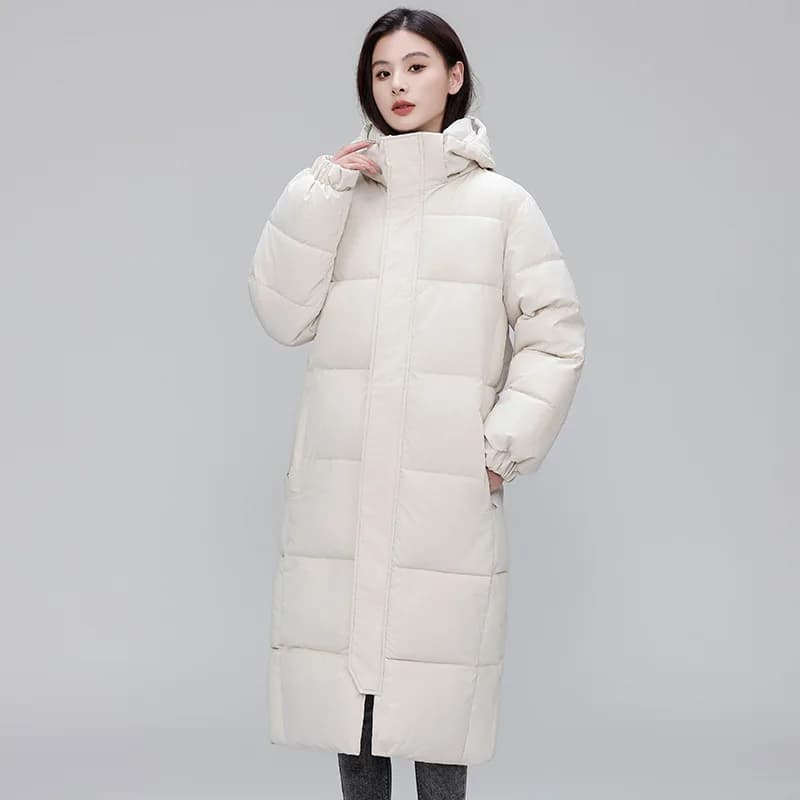 Winter Long Puffer Coat for Women Hooded Quilted Windproof Warm Zip Up Outerwear Russian Cold Weather Snow Jacket Over Knee Cozy