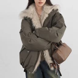 American Retro Faux Fur Trim Padded Parka Women Winter Tulip Hem Thicken Warm Outerwear Female Loose Zip Up Casual Cotton Jacket