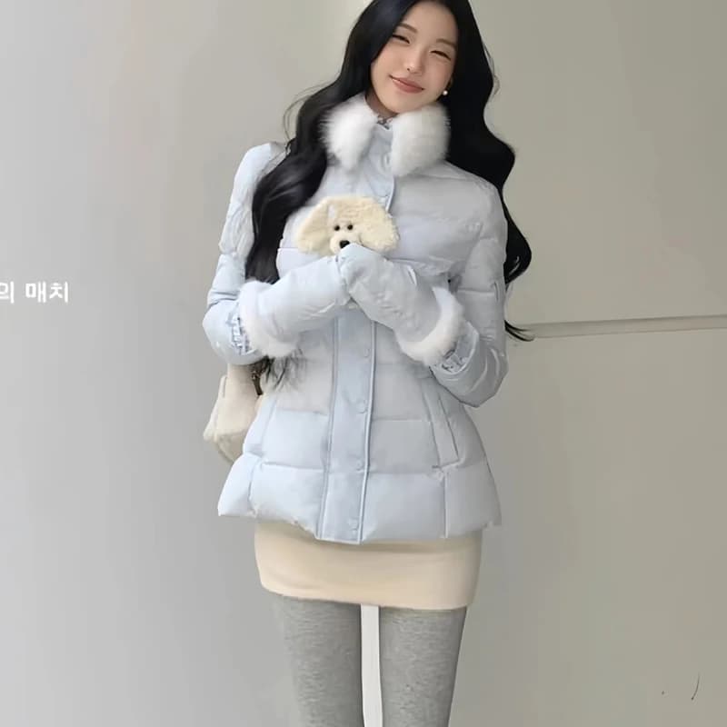Sweet Light Blue Waist-cinching Padded Jacket Women Autumn Winter Faux Fur Collar Slim Puffer Jackets Woman Warm Thick Parkas