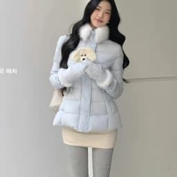 Sweet Light Blue Waist-cinching Padded Jacket Women Autumn Winter Faux Fur Collar Slim Puffer Jackets Woman Warm Thick Parkas