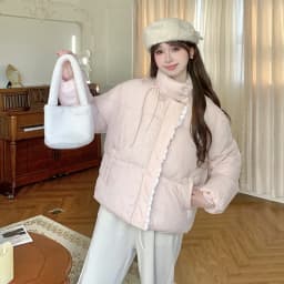 Sweet Pink Bow Stand Collar Puffer Jacket Women Korean Lace Spliced Thick Outerwear Students Winter Warm Cropped Cotton Jackets