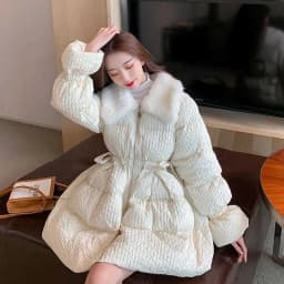 Korean Sweet Mid-Length Padded Coat for Women Winter Doll Collar Waist-Cinching Puffer Parkas Woman A Line Fluffy Quilted Jacket