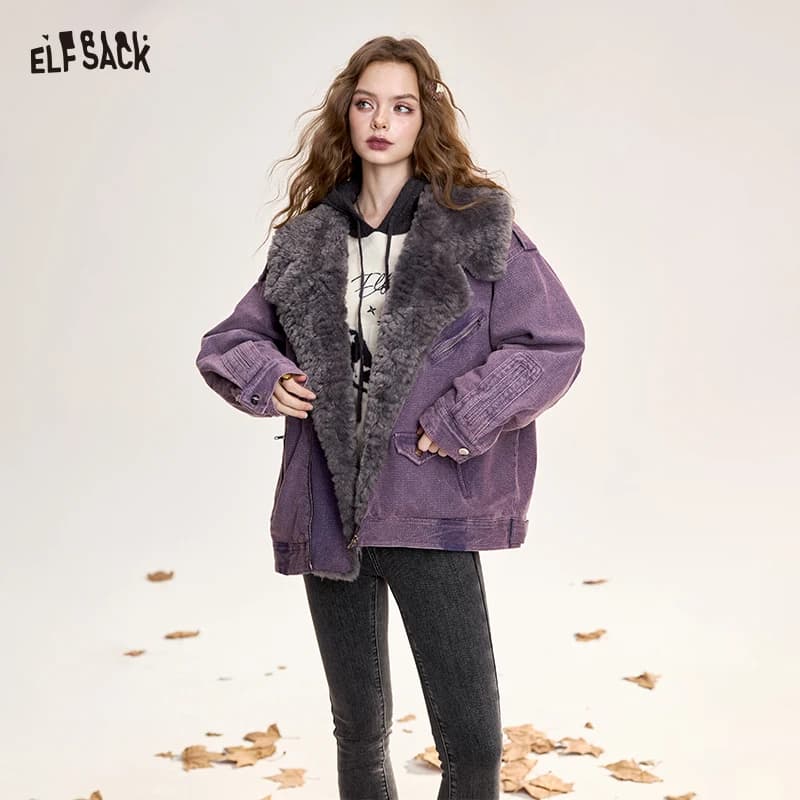 ELFSACK Y2K Vintage Casual Solid Plush Lined Lapel Coat For Women