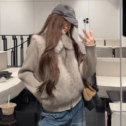 Korean Faux Fur Vest Knitted Long Sleeve Coats Women Chic Zip-Up Turn Down Collar Fluffy Parkas Woman Warm Winter Cotton Jackers