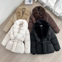 Luxury Faux Fur Turn Down Collar Parkas Women Waistband Thicken Warm Down Cotton Coats Woman Fashion Long Sleeve Puff Overcoat