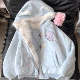 Japanese Kawaii Lolita Style Parkas Women Sweet Cartoon Cat Embroidery Casual Hooded Coat Girls Y2k Aesthetic Warm Plush Jacket