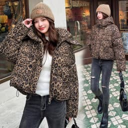 American Leopard Print Hooded Puffer Jacket Women Winter Loose Fit Warm Cotton Jackets Women Fashion Zip Up Thick Padded Parkas