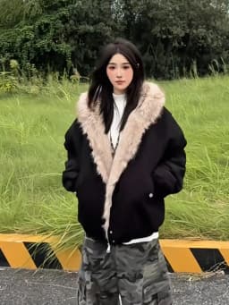 Y2K Streetwear Women Faux Fur Hood Jacket Black Cropped American Retro ZipUp Coat Harajuku Aesthetic Autumn Winter Outerwear