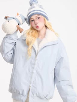 Cute Faux Lamb Parkas Women Loose Stand Collar Thick Warm Winter Sweet Cotton Coat Retro Loose Long Sleeve Pockets Kawaii Jacket
