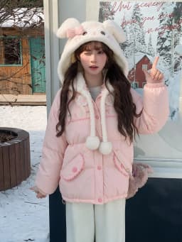 Kawaii Japanese Rabbit Printed Hooded Cotton Parka Women Y2K Vintage Korean Subculture Harajuku Casual Winter Coat Jacket