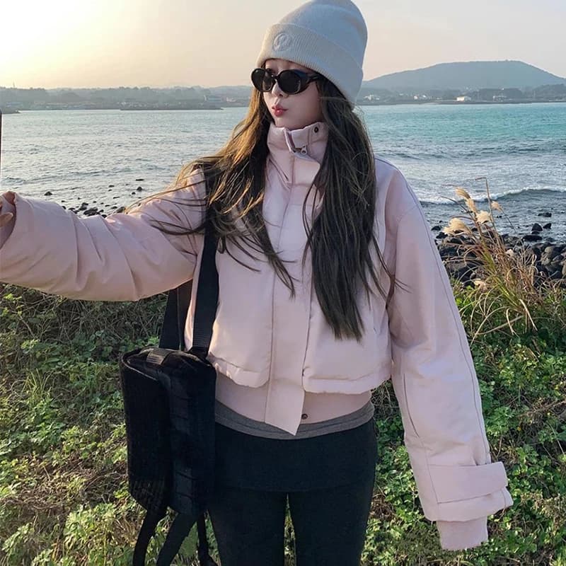 Pink Stand Collar Parkas Women Fashion Sweet Thick Warm Long Sleeve Coats Winter Preppy Style All Match Simple Outwear Tops New