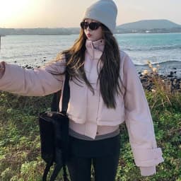 Pink Stand Collar Parkas Women Fashion Sweet Thick Warm Long Sleeve Coats Winter Preppy Style All Match Simple Outwear Tops New