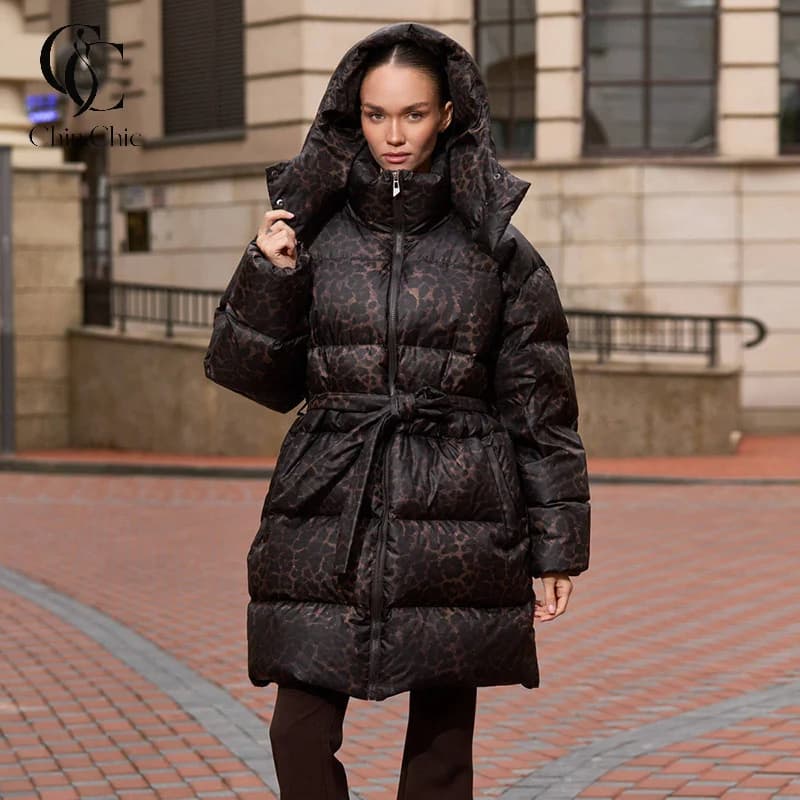 Leopard Print Hooded Puffer Women's Winter Coat Belted Waist Midi Length Padded Jackets for Woman Jacket Warm Streetwear