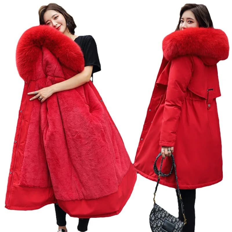 Parkas Jacket Women Cotton Coat Winter Mid Length Outerwear Fur Collar Plush Liner Hooded Drawstring Thick Windproof Office Lady