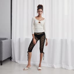 Women Lace Shorts Slim Casual Mesh Sheer See-Through Elastic Waist Trousers Side Split Tie-up Shorts Streetwear 2024