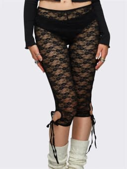 Women Lace Shorts Slim Casual Mesh Sheer See-Through Elastic Waist Trousers Side Split Tie-up Shorts Streetwear 2024