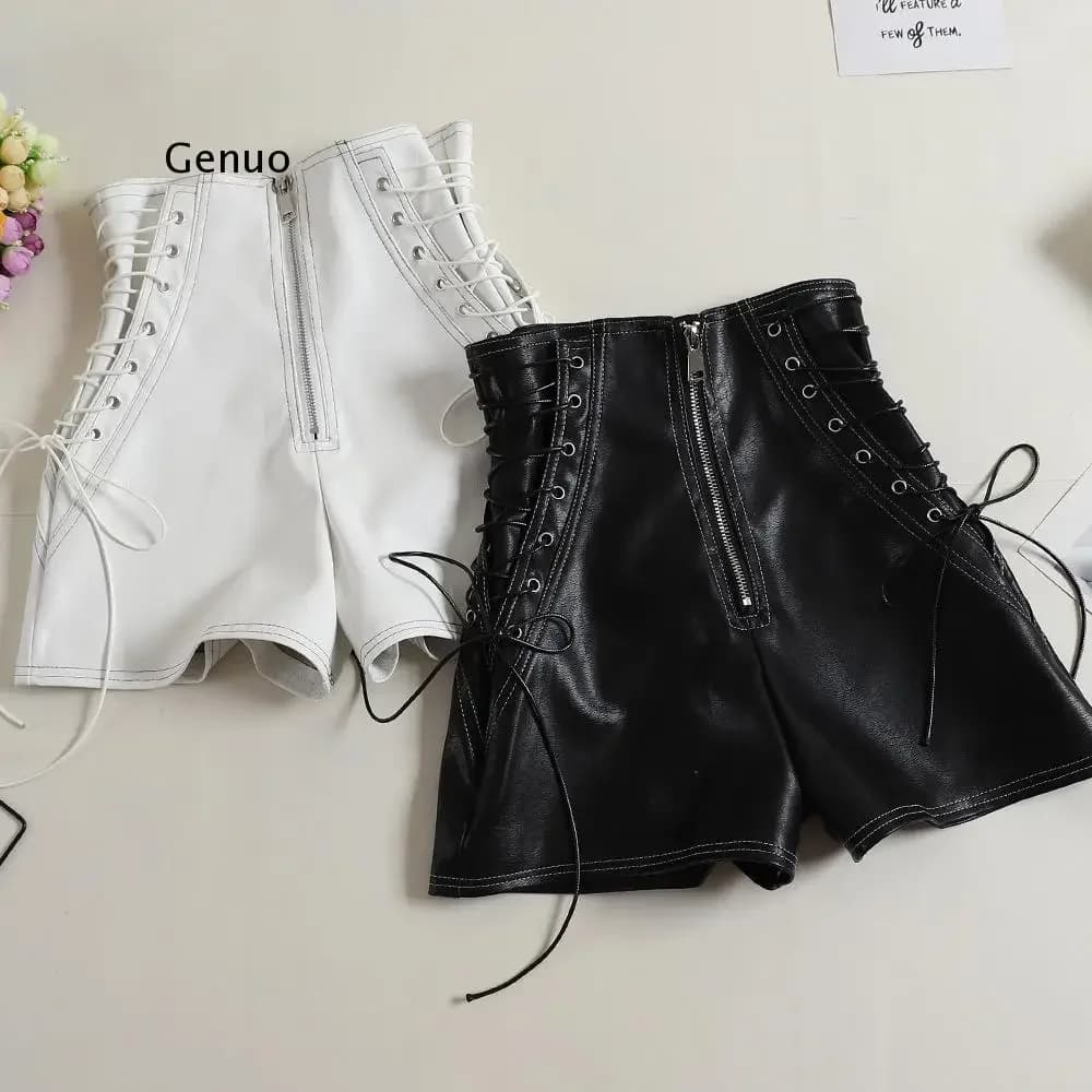 Autumn Women PU Shorts Tie High Waist Shorts Female Casual Black Shorts Ladies All Match Wide leg Shorts Short Pants
