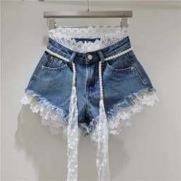 2026 Summer New Arrivals: Crochet Lace Trim Slimming Raw Hem Denim Shorts + Pearl Belt, Hot Pants for Women, Pink Shorts