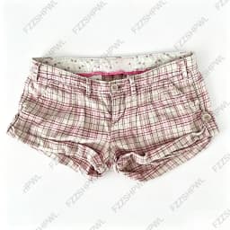 Y2K Pink Plaid Denim Shorts Women Low Waist Roll Hem Checkered Pants Vintage Floral Lining Button Side Summer Mini Short Jeans