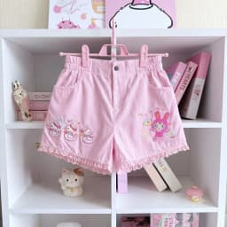 Japaneese Y2K Kawaii Cartoon Bunny Print Women Casual Shorts Women Elastic Waist Bottoms Pocket Rolled Hem Casual Shorts