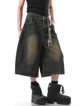 Summer American Streetwear Vintage Washed Denim Shorts Men's Loose Wide Leg Seven-Foot Jeans Trendy Casual Straight Leg Jeans