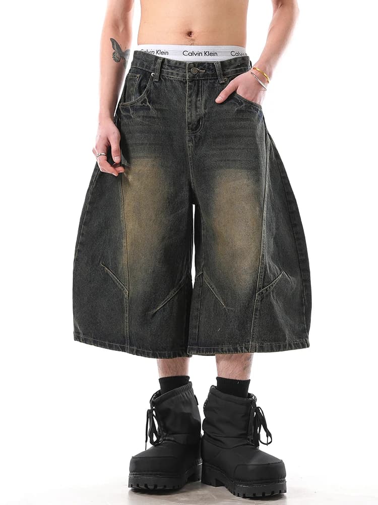 Summer American Streetwear Vintage Washed Denim Shorts Men's Loose Wide Leg Seven-Foot Jeans Trendy Casual Straight Leg Jeans