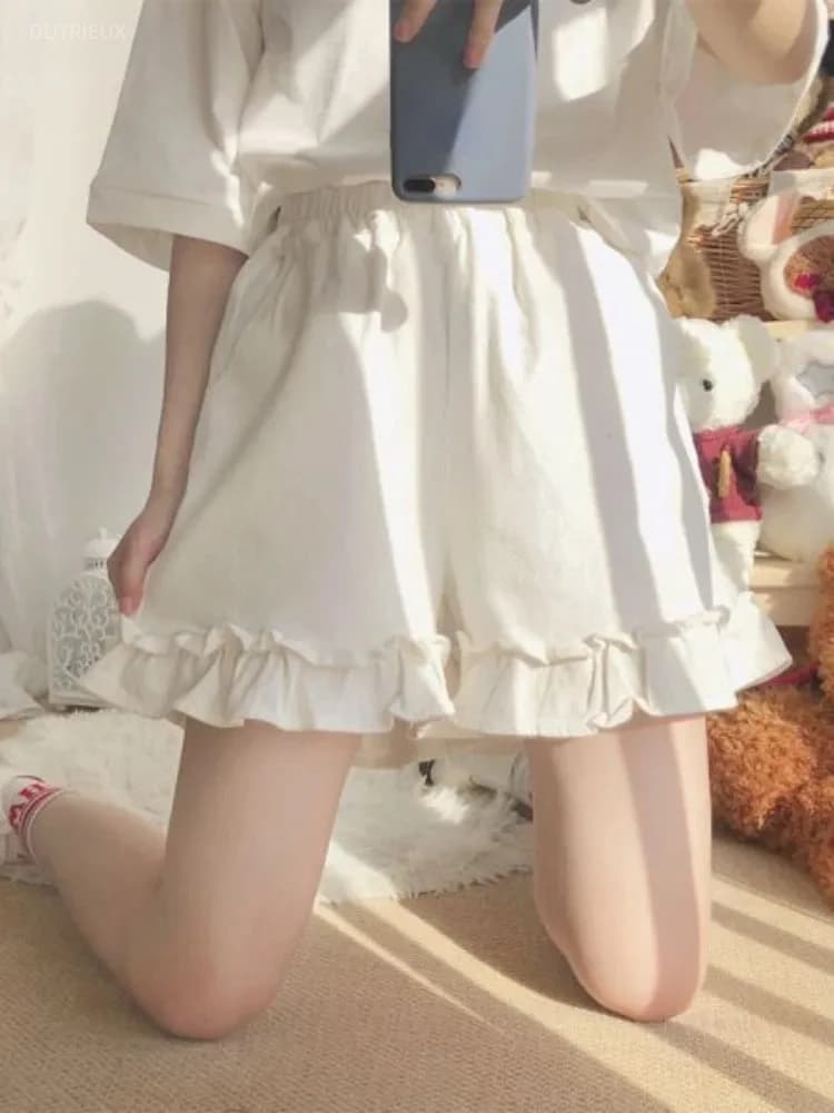 Women's Ruffled Wide Leg Pants Summer Sweet Y2k Aesthetic Shorts High Waist White Japanese Shorts Pantalones Cortos De Mujer