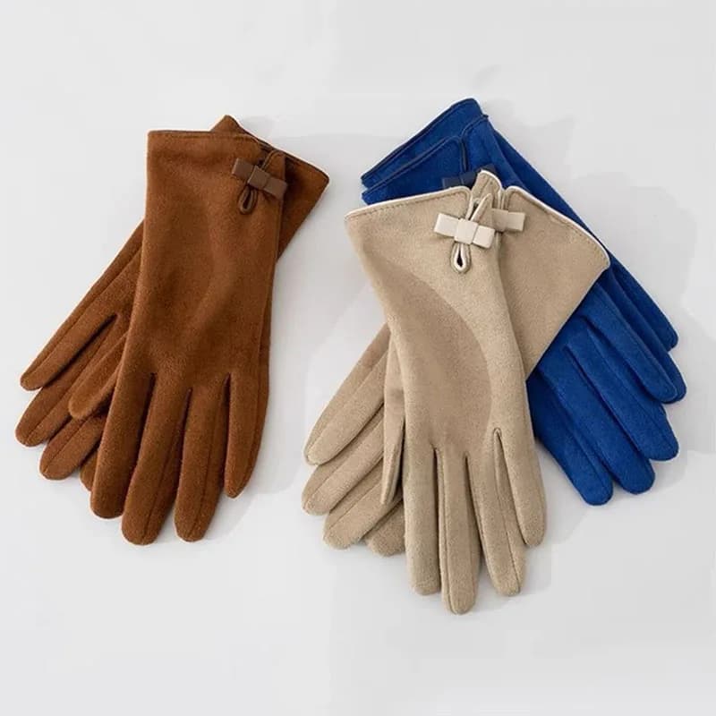 Fahion Suede Leather Bow Thicken Touch Screen Driving Warm Gloves For Sports Winter Outdoor Plus Velvet Cold Protection Women's