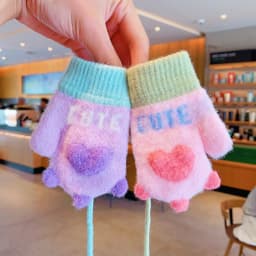 Baby Winter Mittens Soft Plush Color Block Toddler Gloves Anti‑lost Lanyard 3D Heart Decor Elastic Rib Cuff Windproof Warm 2026