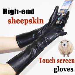 Women's Sheepskin Gloves Long Section Autumn and Winter Warm Female Leather Gloves Mid-length Touch screen plus velvet Authentic