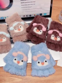 Cute Cartoon Animal Plush Flip Gloves Faux Mink Fur Convertible Half Finger Mittens Soft Warm Winter Gloves For Girls Boy Daily