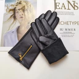 Women's sheepskin gloves leather touch screen fashion zipper fleece warm windproof autumn driving gloves winter
