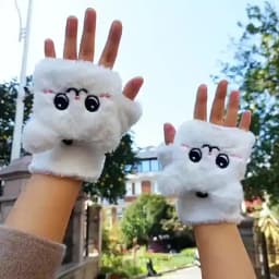 Lovely Plush Cat Mittens Fingerless Gloves Women Winter Warm Rabbit Fur Knit Mittens Flip Half Finger Gloves for Cycling Driving