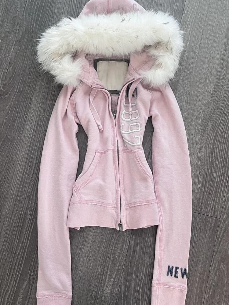 American Streetwear Hoodies Coats Hooded Fur Collar Pockets Patchwork Aesthetics Sweatshirts Y2k Punk Gothic Women's Clothing