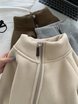 Double Zipper Sweatshirts Women Vintage Stand Collar Thick Faux Lamb Wool Coats Retro Loose Casual Office Lady All Match Outwear