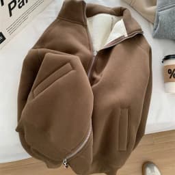 Double Zipper Sweatshirts Women Vintage Stand Collar Thick Faux Lamb Wool Coats Retro Loose Casual Office Lady All Match Outwear