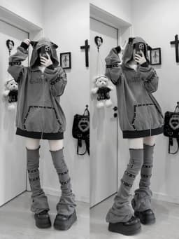Black Cat Ear Zip Up Hoodie Japanese Subculture Women Devil Pinstripe Heart Print Oversized Metal Buckle Punk Streetwear Outfit